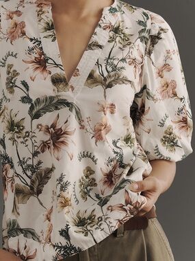 Anthropologie Floral V-Neck Puff-Sleeve Blouse — White with Pink & Green Print